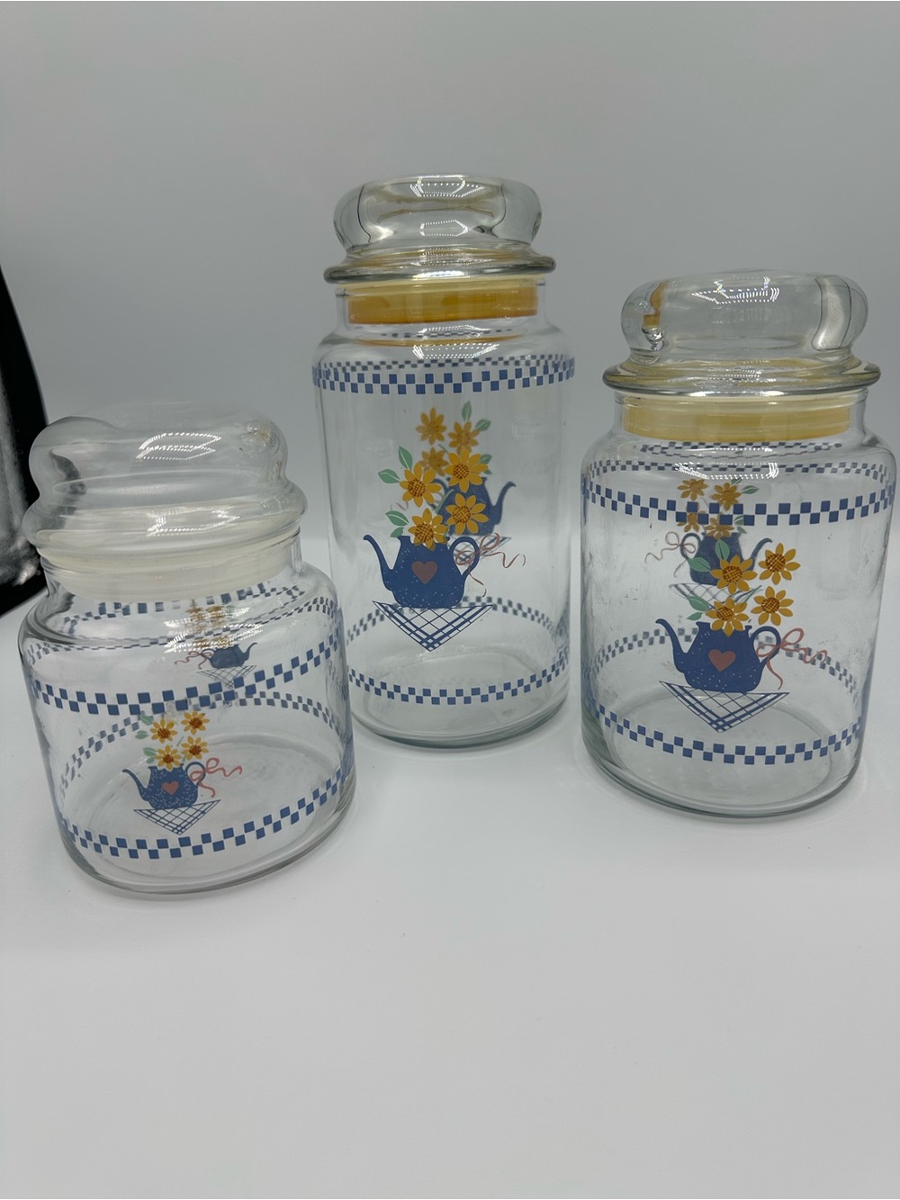 Vintage 1986 Hallmark-Blue Teapot w/Flowers-glass Jar w/Lids Set Of 3